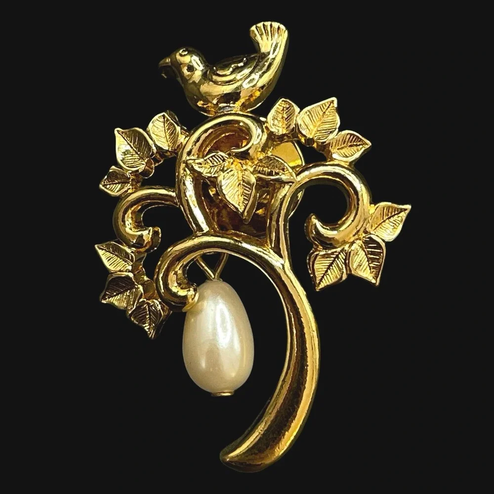 Vintage Gold Tone Bird on Branch Pin Faux Pearl Drop Lapel Brooch Botanical